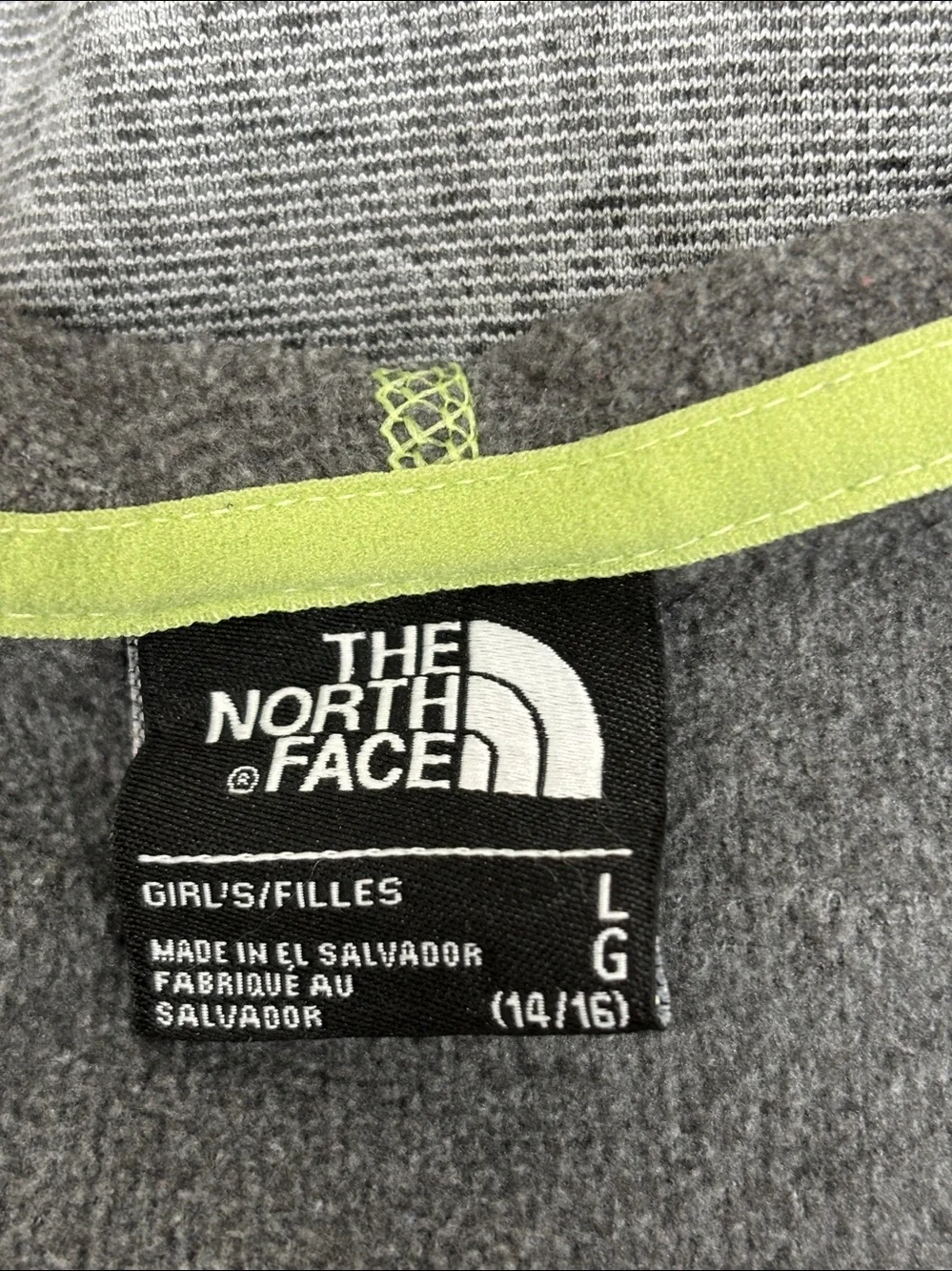 THE NORTH FACE Seashore Fleece Hoodie Full Zip Girls L 14/16 Gray Lime Green